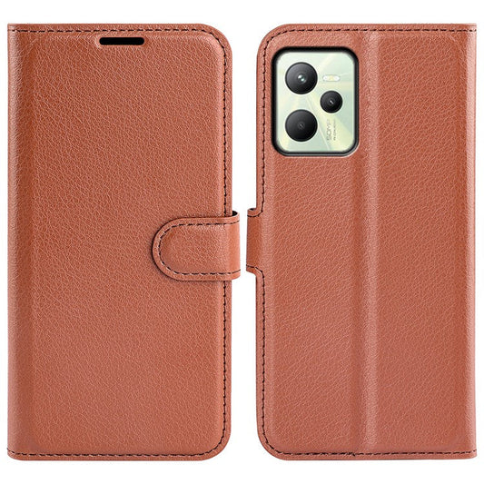 For Realme C35 Wallet Anti-scratch Litchi Texture PU Leather Flip Cover Stand Magnetic Closure Anti-dust Phone Case - Brown