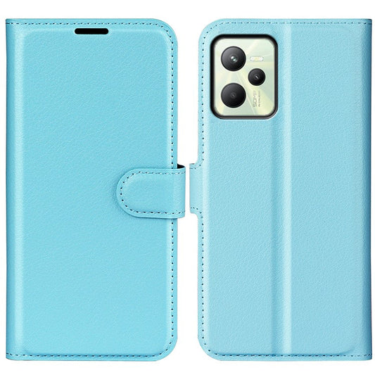 For Realme C35 Wallet Anti-scratch Litchi Texture PU Leather Flip Cover Stand Magnetic Closure Anti-dust Phone Case - Blue