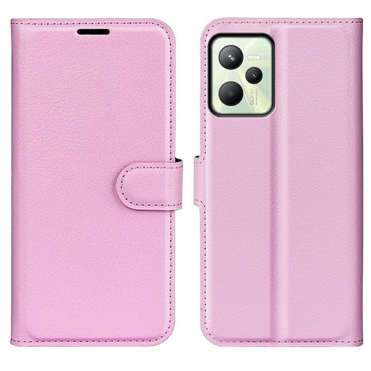 For Realme C35 Wallet Anti-scratch Litchi Texture PU Leather Flip Cover Stand Magnetic Closure Anti-dust Phone Case - Pink