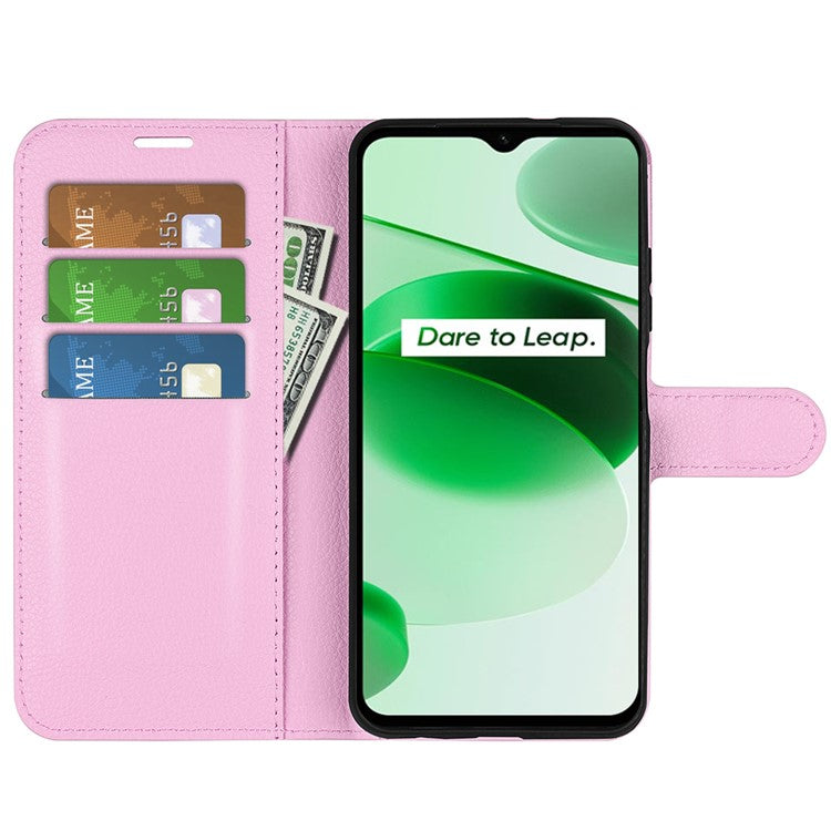 For Realme C35 Wallet Anti-scratch Litchi Texture PU Leather Flip Cover Stand Magnetic Closure Anti-dust Phone Case - Pink