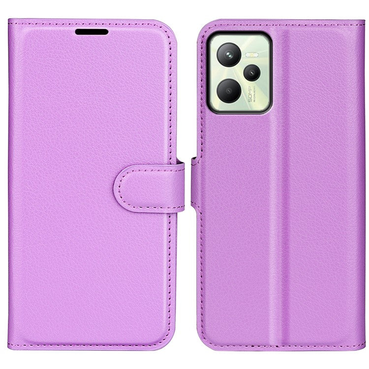 For Realme C35 Wallet Anti-scratch Litchi Texture PU Leather Flip Cover Stand Magnetic Closure Anti-dust Phone Case - Purple