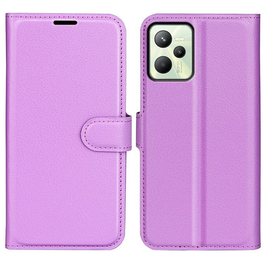 For Realme C35 Wallet Anti-scratch Litchi Texture PU Leather Flip Cover Stand Magnetic Closure Anti-dust Phone Case - Purple
