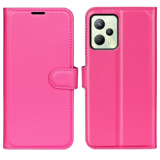 For Realme C35 Wallet Anti-scratch Litchi Texture PU Leather Flip Cover Stand Magnetic Closure Anti-dust Phone Case - Rose
