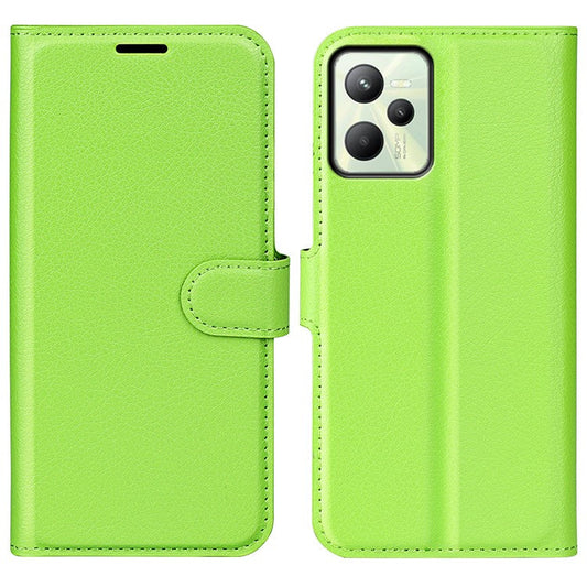 For Realme C35 Wallet Anti-scratch Litchi Texture PU Leather Flip Cover Stand Magnetic Closure Anti-dust Phone Case - Green