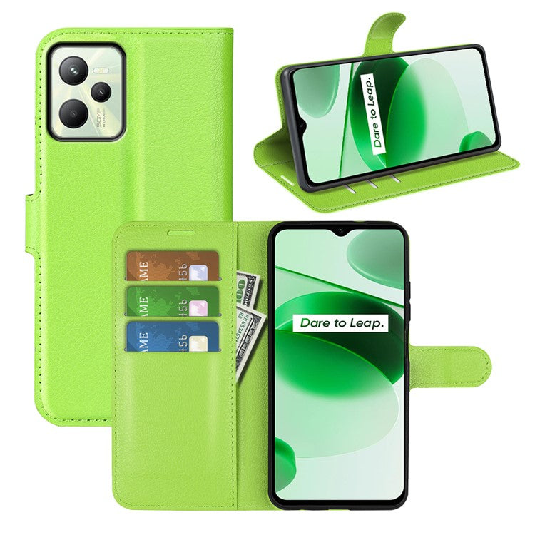 For Realme C35 Wallet Anti-scratch Litchi Texture PU Leather Flip Cover Stand Magnetic Closure Anti-dust Phone Case - Green