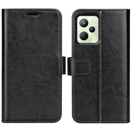 For Realme C35 Fall Proof Stand Phone Cover Crazy Horse Texture Folio Flip Leather Wallet Phone Case - Black