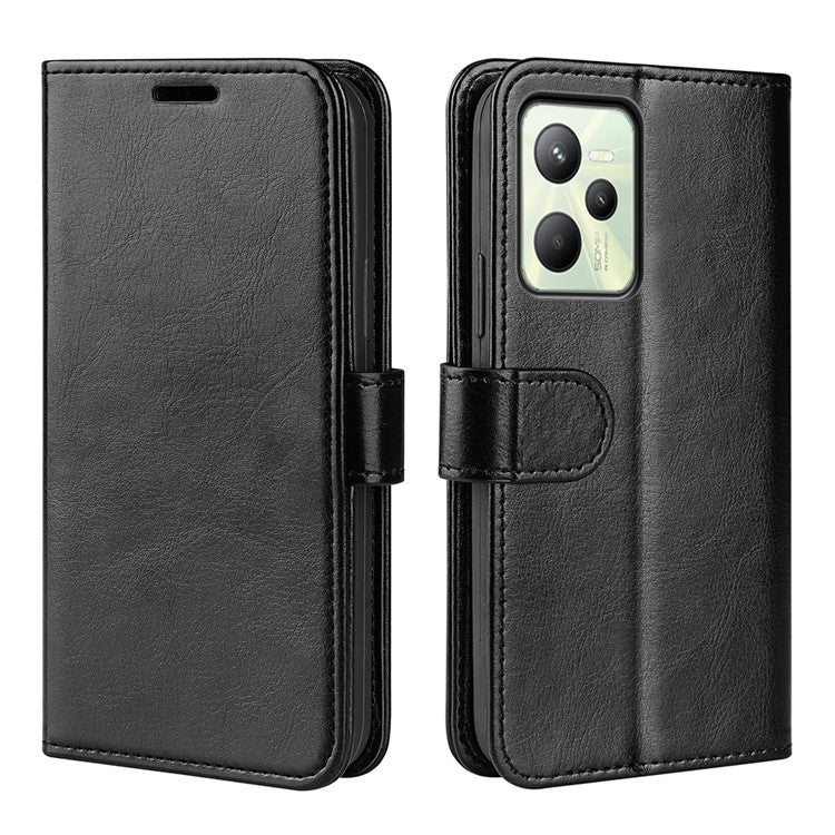 For Realme C35 Fall Proof Stand Phone Cover Crazy Horse Texture Folio Flip Leather Wallet Phone Case - Black