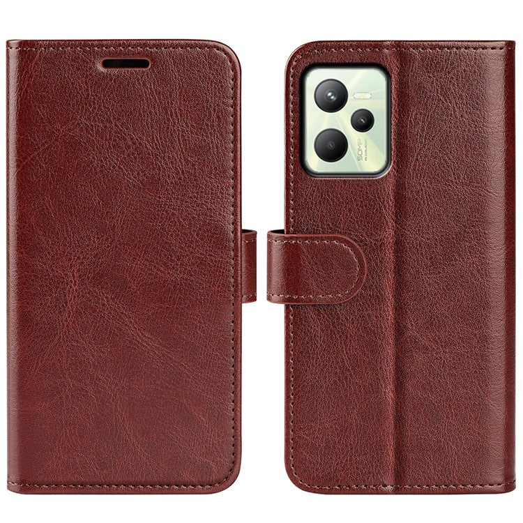 For Realme C35 Fall Proof Stand Phone Cover Crazy Horse Texture Folio Flip Leather Wallet Phone Case - Brown