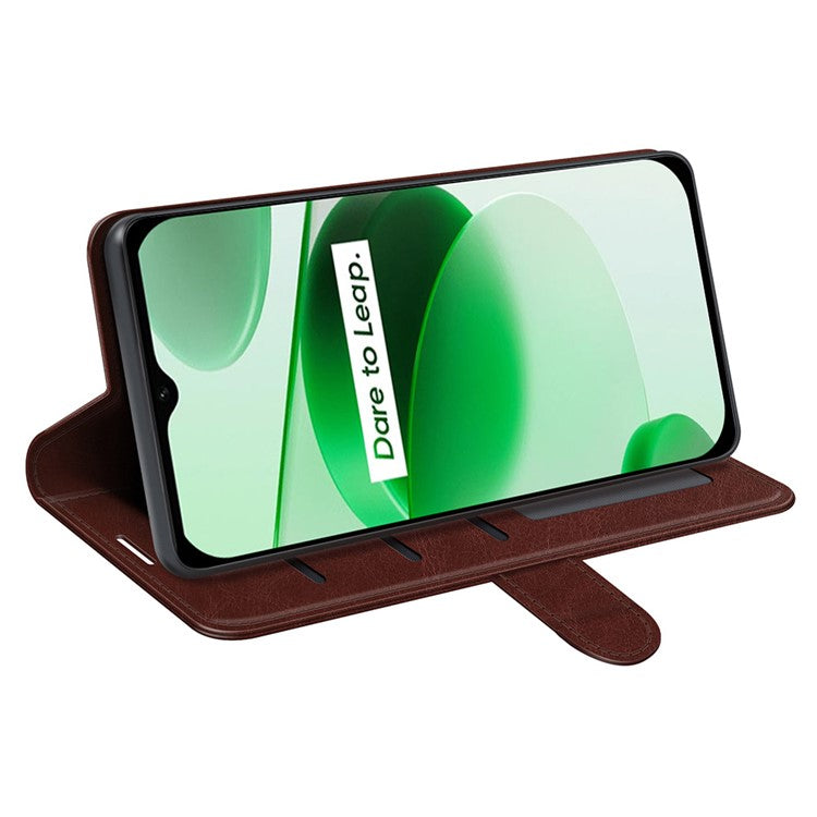 For Realme C35 Fall Proof Stand Phone Cover Crazy Horse Texture Folio Flip Leather Wallet Phone Case - Brown