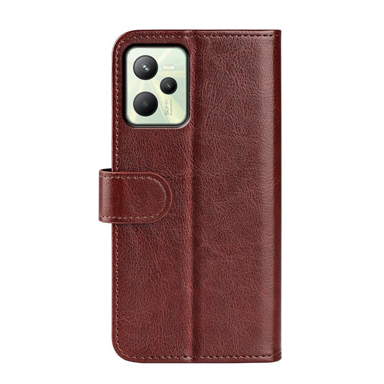 For Realme C35 Fall Proof Stand Phone Cover Crazy Horse Texture Folio Flip Leather Wallet Phone Case - Brown