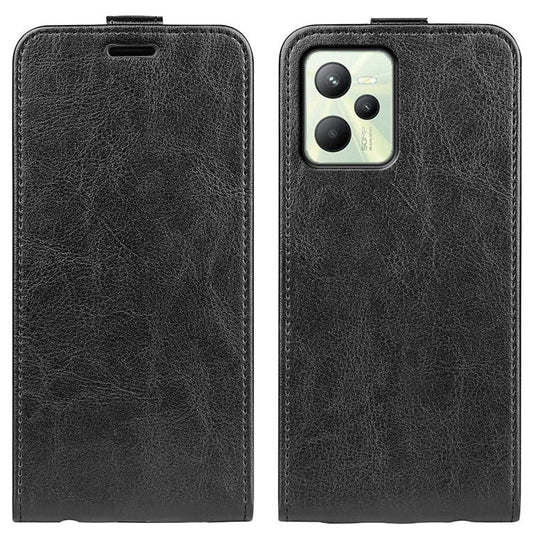 Vertical Flip Phone Case for Realme C35, Crazy Horse Texture PU Leather Cover with Card Holder - Black