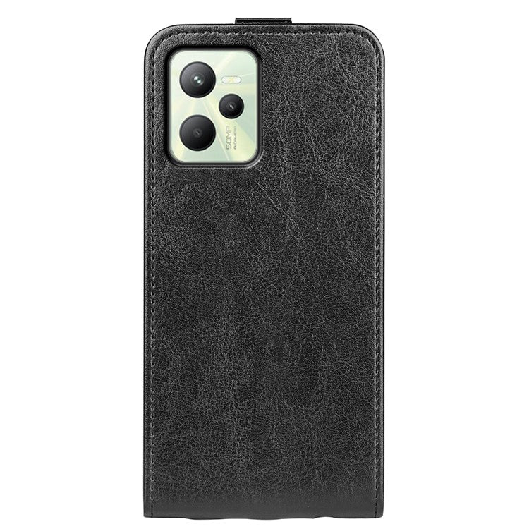 Vertical Flip Phone Case for Realme C35, Crazy Horse Texture PU Leather Cover with Card Holder - Black