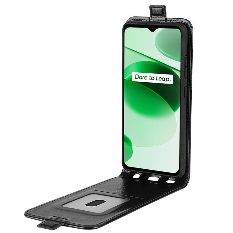 Vertical Flip Phone Case for Realme C35, Crazy Horse Texture PU Leather Cover with Card Holder - Black