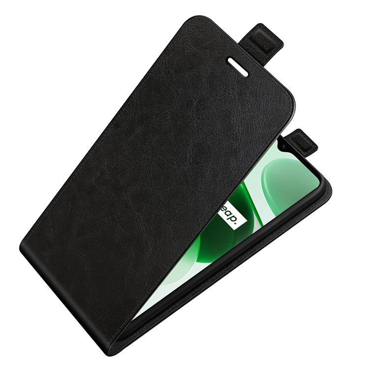 Vertical Flip Phone Case for Realme C35, Crazy Horse Texture PU Leather Cover with Card Holder - Black