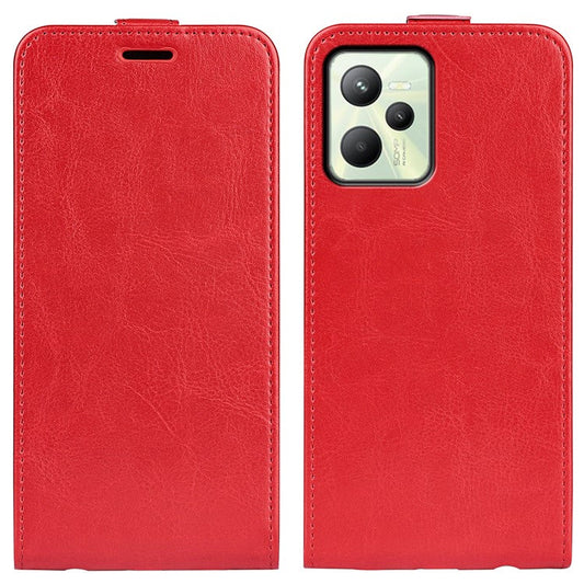 Vertical Flip Phone Case for Realme C35, Crazy Horse Texture PU Leather Cover with Card Holder - Red