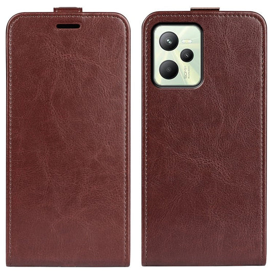 Vertical Flip Phone Case for Realme C35, Crazy Horse Texture PU Leather Cover with Card Holder - Brown