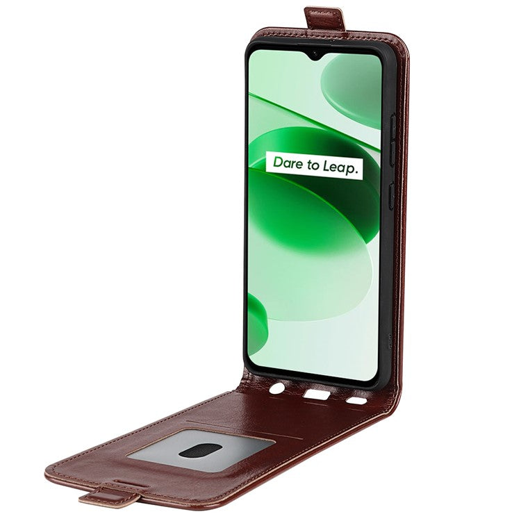 Vertical Flip Phone Case for Realme C35, Crazy Horse Texture PU Leather Cover with Card Holder - Brown