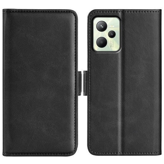 For Realme C35 Impact Resistant Textured PU Leather Phone Case Foldable Stand Wallet Function Phone Cover - Black