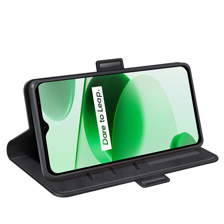 For Realme C35 Impact Resistant Textured PU Leather Phone Case Foldable Stand Wallet Function Phone Cover - Black