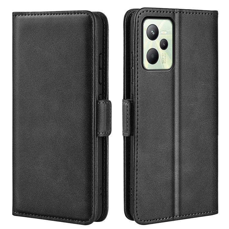 For Realme C35 Impact Resistant Textured PU Leather Phone Case Foldable Stand Wallet Function Phone Cover - Black