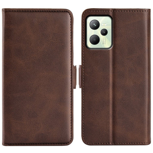 For Realme C35 Impact Resistant Textured PU Leather Phone Case Foldable Stand Wallet Function Phone Cover - Brown