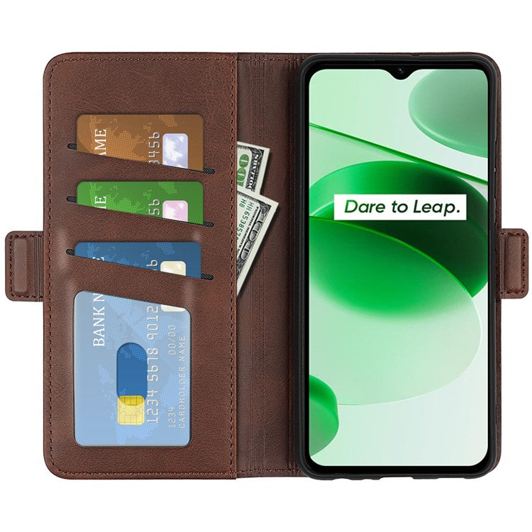 For Realme C35 Impact Resistant Textured PU Leather Phone Case Foldable Stand Wallet Function Phone Cover - Brown