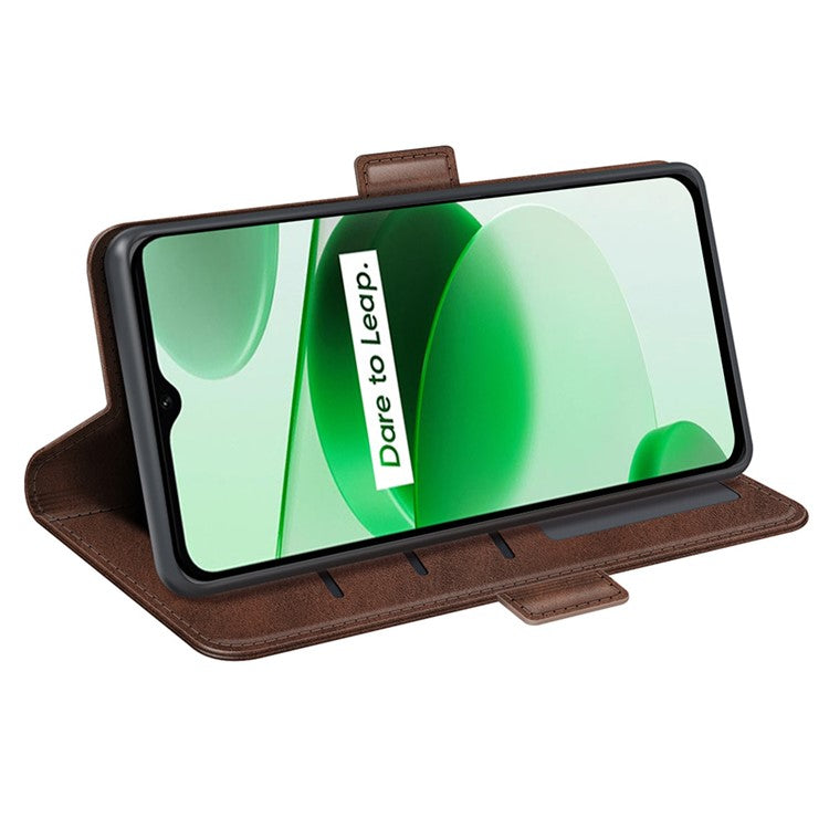 For Realme C35 Impact Resistant Textured PU Leather Phone Case Foldable Stand Wallet Function Phone Cover - Brown