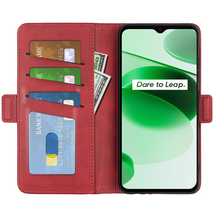 For Realme C35 Impact Resistant Textured PU Leather Phone Case Foldable Stand Wallet Function Phone Cover - Red