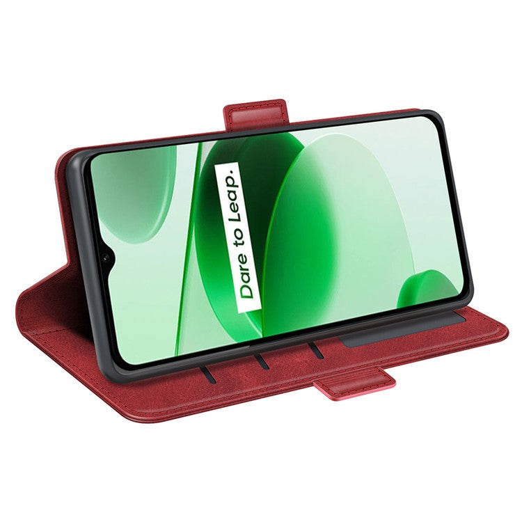 For Realme C35 Impact Resistant Textured PU Leather Phone Case Foldable Stand Wallet Function Phone Cover - Red