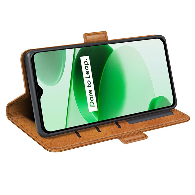 For Realme C35 Impact Resistant Textured PU Leather Phone Case Foldable Stand Wallet Function Phone Cover - Yellow