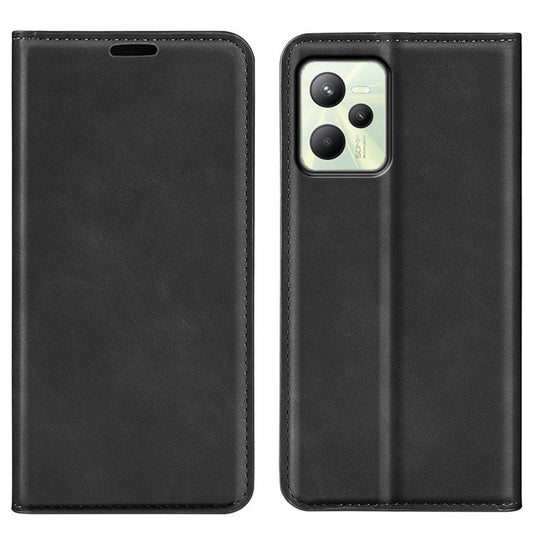 Silky-Touch Folio Flip Leather Cover for Realme C35, Phone Protective Case with Wallet Stand - Black