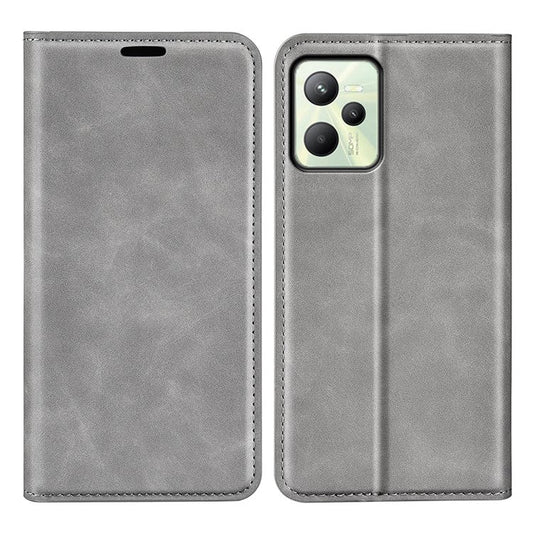Silky-Touch Folio Flip Leather Cover for Realme C35, Phone Protective Case with Wallet Stand - Grey