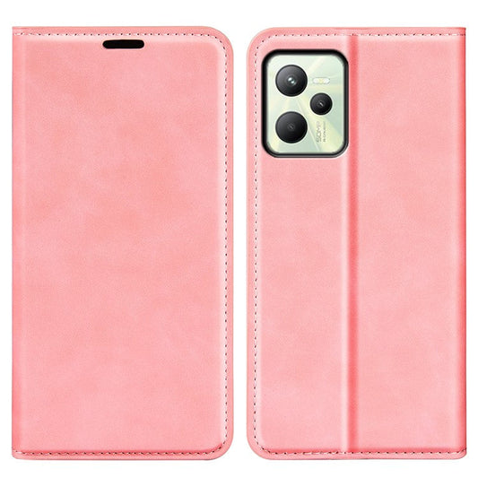 Silky-Touch Folio Flip Leather Cover for Realme C35, Phone Protective Case with Wallet Stand - Pink