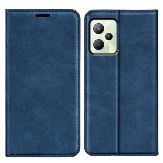 Silky-Touch Folio Flip Leather Cover for Realme C35, Phone Protective Case with Wallet Stand - Blue