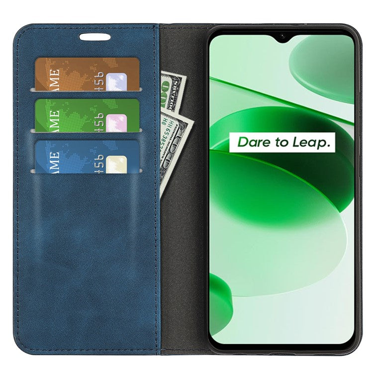 Silky-Touch Folio Flip Leather Cover for Realme C35, Phone Protective Case with Wallet Stand - Blue