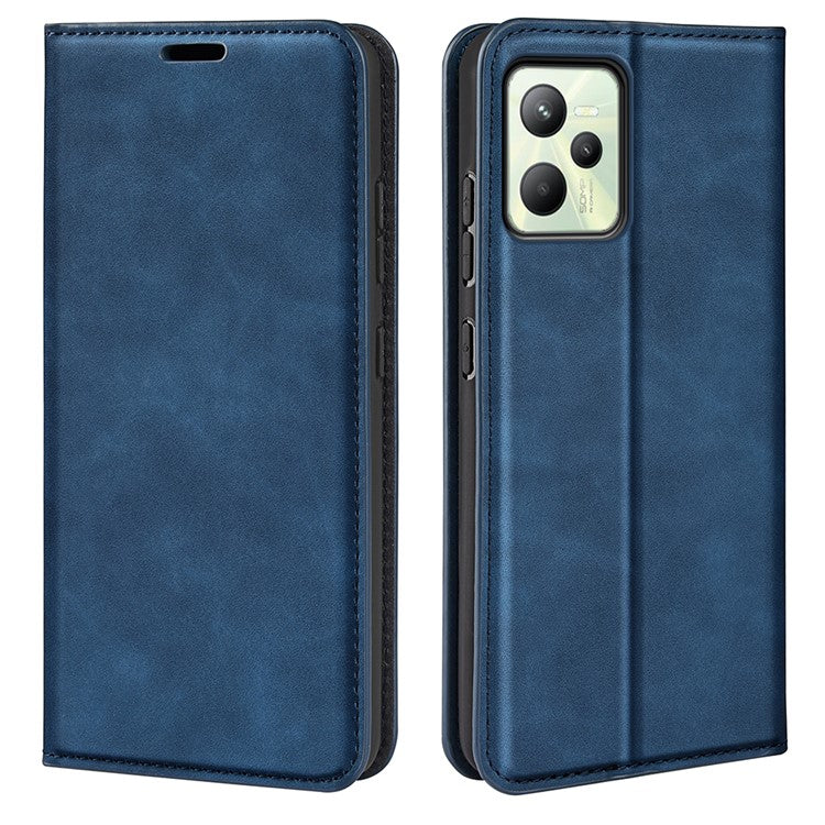 Silky-Touch Folio Flip Leather Cover for Realme C35, Phone Protective Case with Wallet Stand - Blue