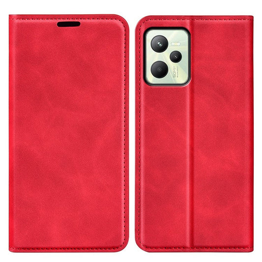 Silky-Touch Folio Flip Leather Cover for Realme C35, Phone Protective Case with Wallet Stand - Red