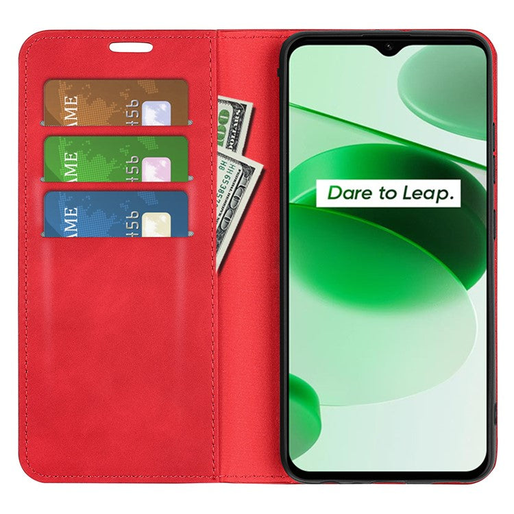 Silky-Touch Folio Flip Leather Cover for Realme C35, Phone Protective Case with Wallet Stand - Red