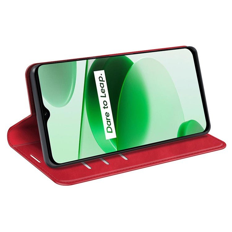 Silky-Touch Folio Flip Leather Cover for Realme C35, Phone Protective Case with Wallet Stand - Red