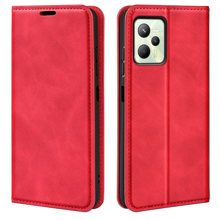 Silky-Touch Folio Flip Leather Cover for Realme C35, Phone Protective Case with Wallet Stand - Red