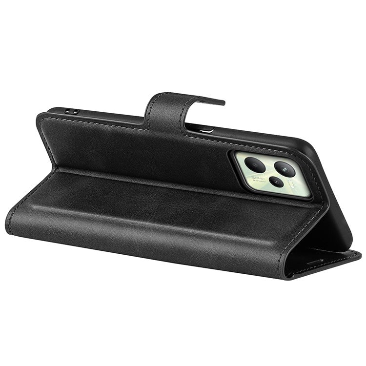 For Realme C35 Magnetic Folio Phone Cover Full Protection Textured PU Leather Wallet Stand Case - Black