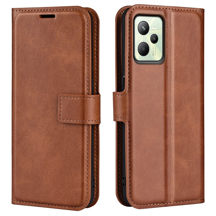 For Realme C35 Magnetic Folio Phone Cover Full Protection Textured PU Leather Wallet Stand Case - Light Brown
