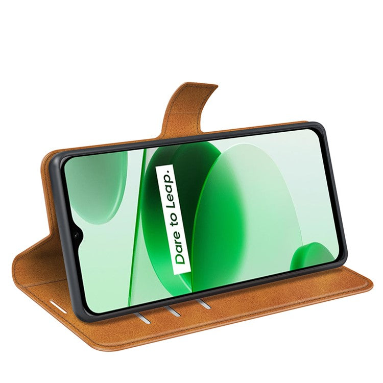 For Realme C35 Magnetic Folio Phone Cover Full Protection Textured PU Leather Wallet Stand Case - Yellow