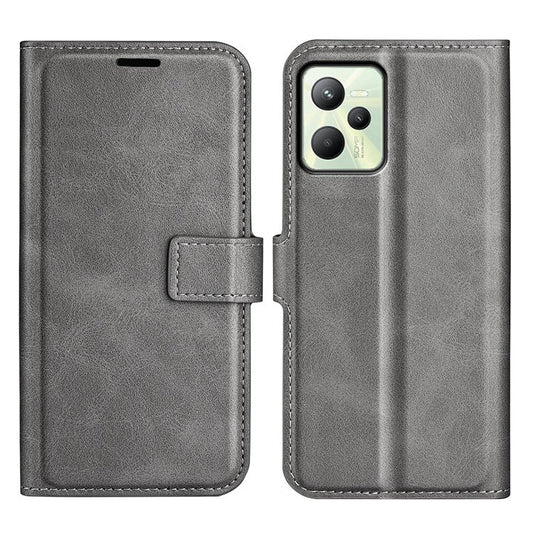 For Realme C35 Magnetic Folio Phone Cover Full Protection Textured PU Leather Wallet Stand Case - Grey