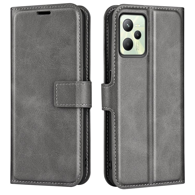 For Realme C35 Magnetic Folio Phone Cover Full Protection Textured PU Leather Wallet Stand Case - Grey