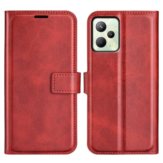 For Realme C35 Magnetic Folio Phone Cover Full Protection Textured PU Leather Wallet Stand Case - Red