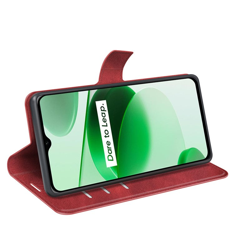 For Realme C35 Magnetic Folio Phone Cover Full Protection Textured PU Leather Wallet Stand Case - Red