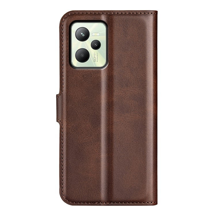 For Realme C35 Magnetic Folio Phone Cover Full Protection Textured PU Leather Wallet Stand Case - Dark Brown