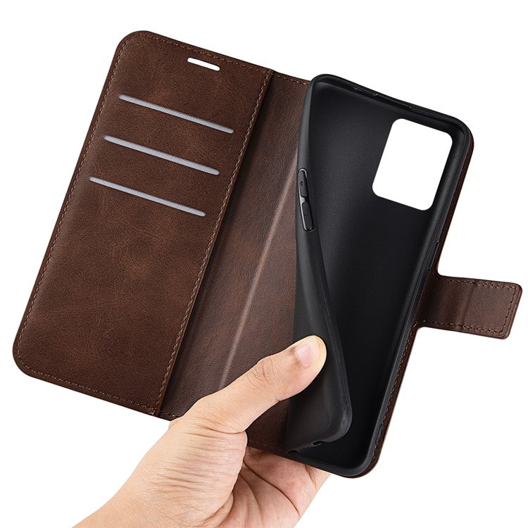 For Realme C35 Magnetic Folio Phone Cover Full Protection Textured PU Leather Wallet Stand Case - Dark Brown