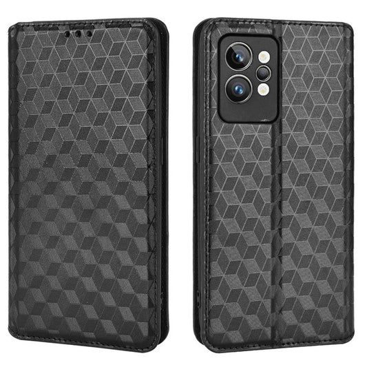 For Realme GT2 Pro Flip Phone Cover Wallet Imprinted Rhombus Pattern Phone Stand Anti-scratch PU Leather Protective Phone Case - Black